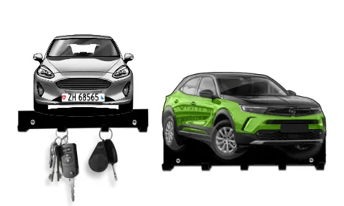 Two car-shaped key holders: red sedan and green-black SUV, both with hooks for hanging keys