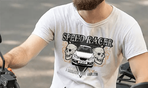 White T-shirt with red motorcycle graphic, flanked by skulls, SPEED RACER text above, I CREATE THE RULES below