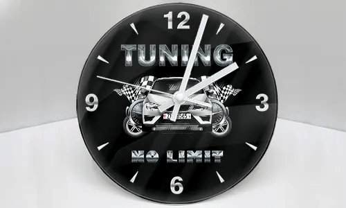Wall clock with stylized car, checkered flags, and metallic TUNING NO LIMIT text on black background