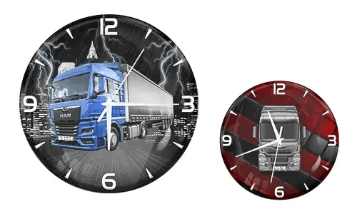 Two truck-themed wall clocks: left with blue truck and lightning cityscape, right with white truck and dark red background