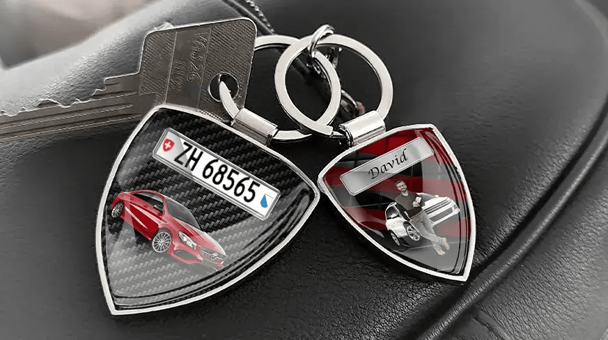 Custom shield photo keychains with personalized car photos