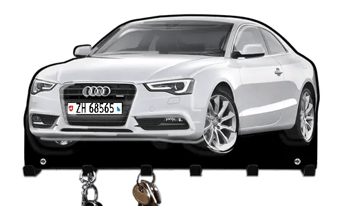 Wall-mounted key holder shaped like a white Audi car with hooks for organizing keys